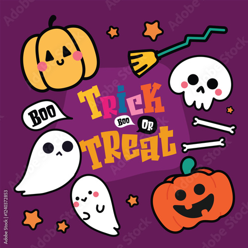 Halloween Element Design with Bat, Cute Ghost, Pumpkin Jack-o'-Lantern, and Spider. Spooky and Fun Vector Illustration.