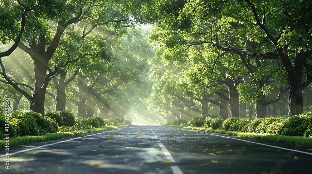 Obraz premium Sunlit Roadway Through Lush Green Tree Lined Avenue