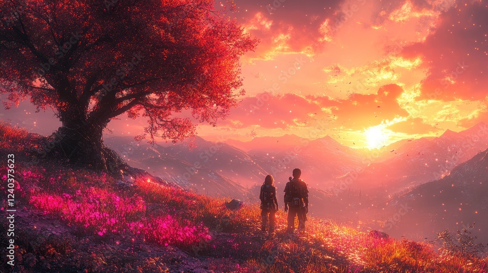 Fototapeta premium Two Adventurers Witnessing a Majestic Sunset Over Mountains