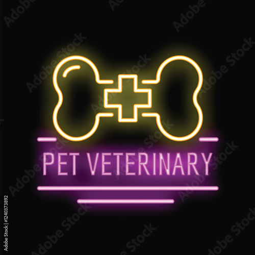 Neon sign with a dog bone and a medical cross glowing on a black background