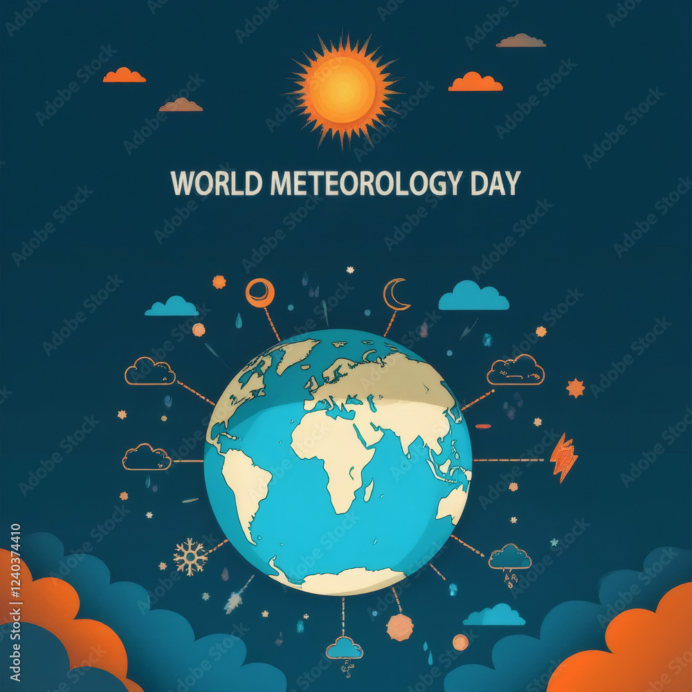 Fototapeta premium World Meteorology Day illustration! Earth, clouds, sun, and rain.