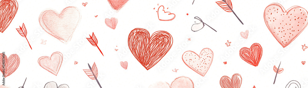 Colorful hand-drawn hearts and arrows on a white background for celebrations. Colorful hand-drawn hearts and arrows on a white background for celebrations.