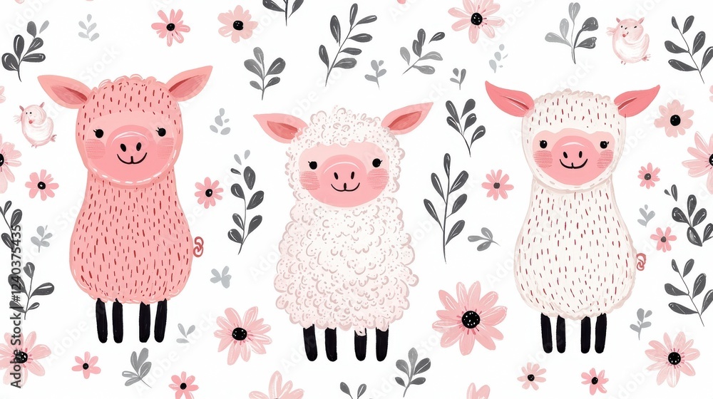 Obraz premium Adorable baby farm animals including sheep lambs and piglets in a fun whimsical and playful floral pattern design This charming can be used for various purposes such as nursery decor kid s room art