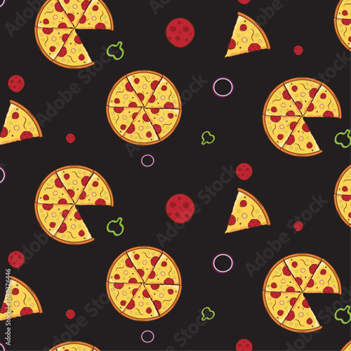 Seamless pattern of Italian pizza with pizza topping. It can be used for wallpapers, pakeging design, patterns for clothes and other.