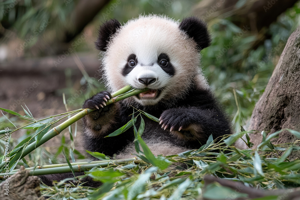cute baby panda munching on bamboo in lush forest setting, showcasing its playful nature and adorable features cute baby panda munching on bamboo in lush forest setting, showcasing its playful nature and adorable features