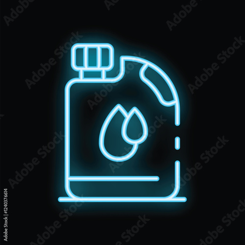 Blue neon sign of a liquid soap container glowing on a black background