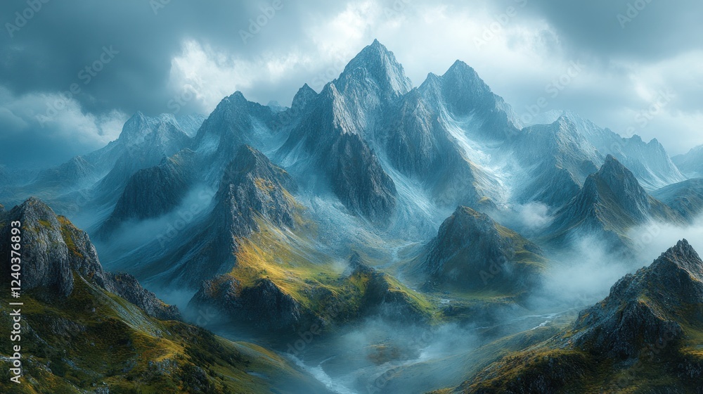 Naklejka premium Majestic Mountain Range Shrouded in Mist and Clouds