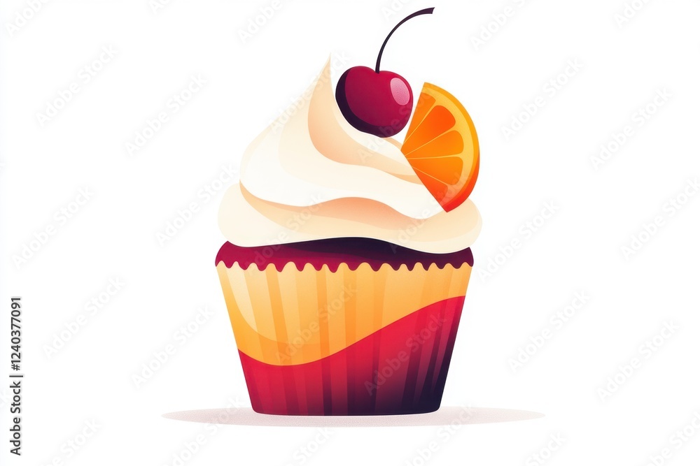 Cupcake decorated with cherry orange slice Cupcake decorated with cherry orange slice