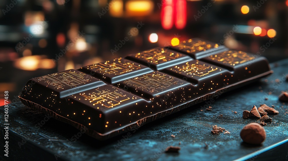 Floating dark chocolate bar with golden circuit patterns in a vibrant city at night Floating dark chocolate bar with golden circuit patterns in a vibrant city at night