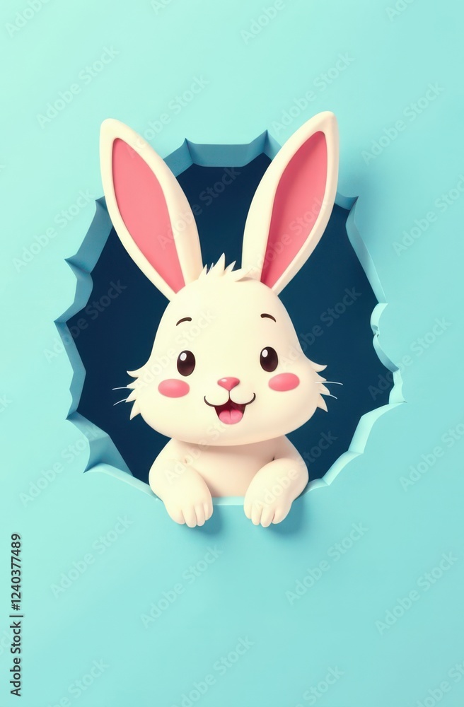 Fototapeta premium Cute cartoon easter bunny peeking through torn paper hole