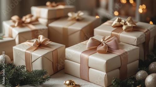 Holiday Gifts with Elegant Gold Bows in a Cozy Setting. Generative AI photo