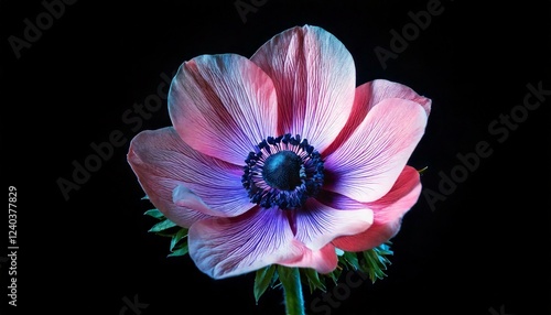 close up of anemone flower, black background, copy space