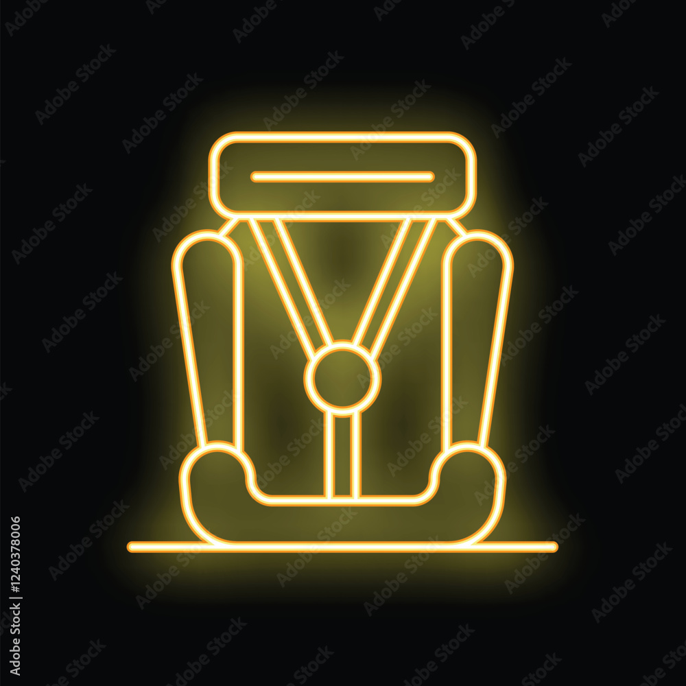 Bright yellow neon icon of a child safety seat glowing against a dark background