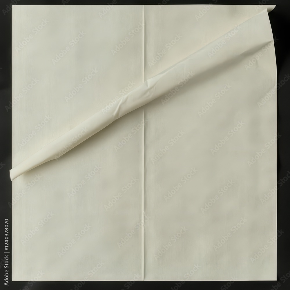 Fototapeta premium Wrinkled Ivory Paper Sheet with Fold and Shadow on Black Background