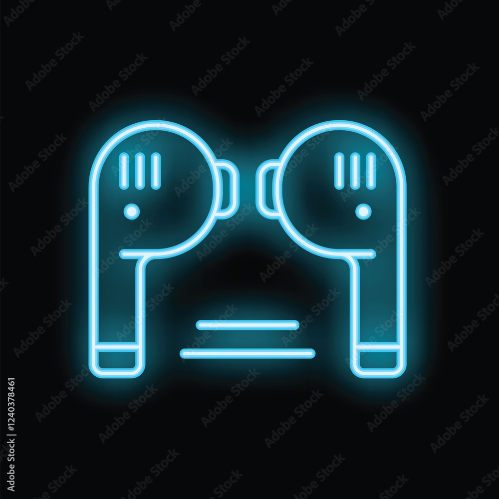 Glowing neon icon of a pair of wireless earbuds on a black background Glowing neon icon of a pair of wireless earbuds on a black background