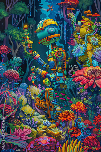 Wallpaper Mural From an unexpected camera angle, illustrate a whimsical robotic gardener tending to a magical garden Use vivid colors and intricate details in a traditional art medium Torontodigital.ca