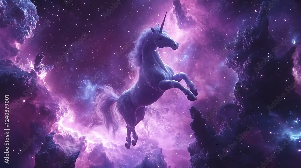 A white unicorn with a long horn leaps through a purple and pink cosmic nebula. A white unicorn with a long horn leaps through a purple and pink cosmic nebula.