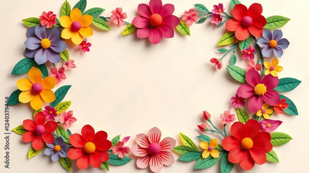 Obraz premium Colorful frame made of papercut flowers on light blue background, vibrant, frame, summer