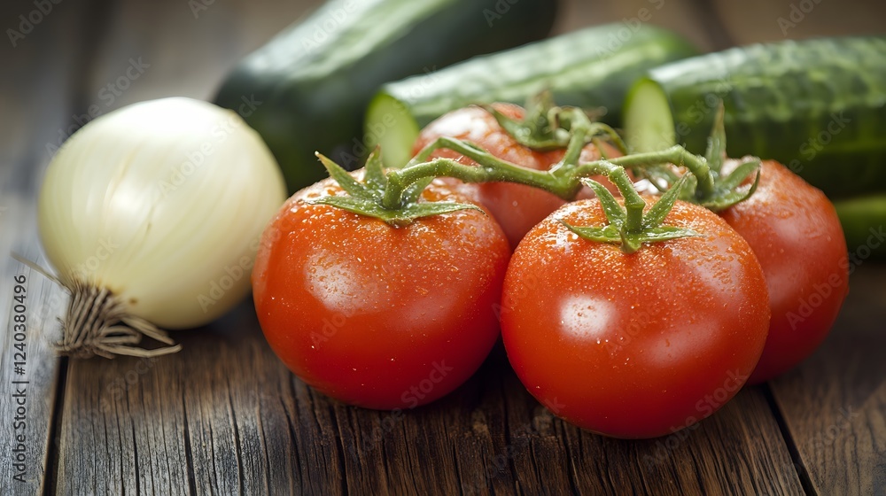 Juicy Tomatoes, Cucumbers, and Onion on Rustic Wood Juicy Tomatoes, Cucumbers, and Onion on Rustic Wood