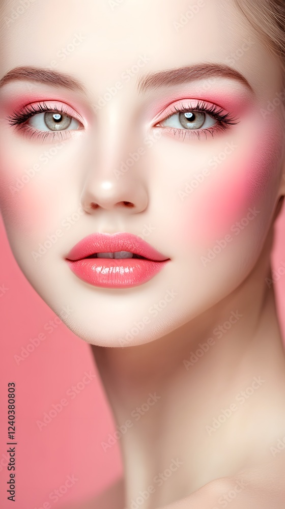 Fototapeta premium Closeup Portrait Woman Pink Makeup Beauty Cosmetics
