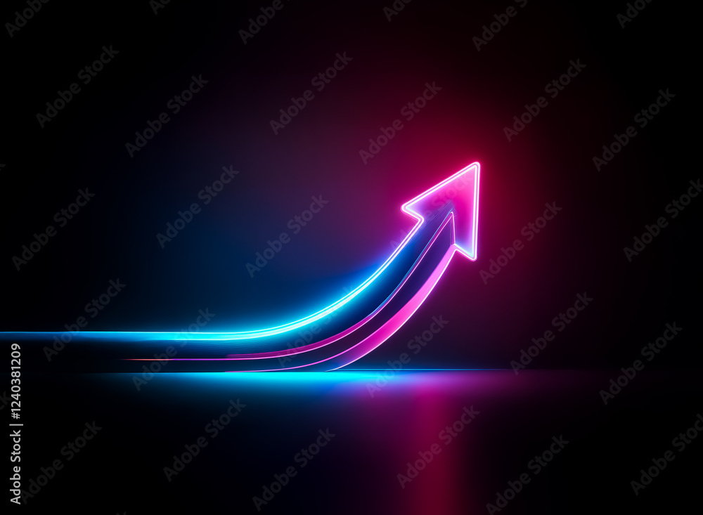Glowing neon arrow ascends in a dark space, symbolizing growth and progress. Its vibrant pink and blue hues create a dynamic visual. Glowing neon arrow ascends in a dark space, symbolizing growth and progress. Its vibrant pink and blue hues create a dynamic visual.