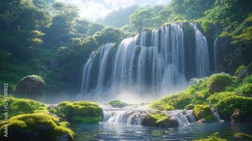 Serene Waterfall Cascading Through Lush Green Forest