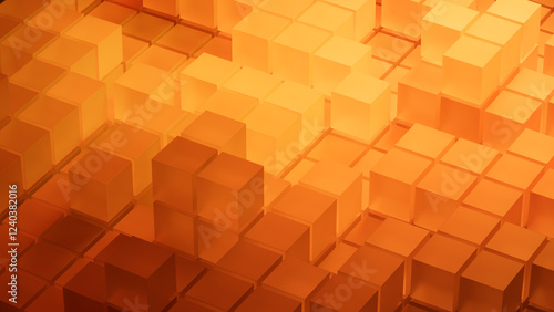 Orange and Yellow, Translucent Cubes Precisely Arranged to create a Innovative Tech Wallpaper. 3D Render.