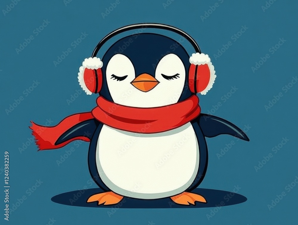 Fototapeta premium Cute cartoon penguin wearing winter earmuffs
