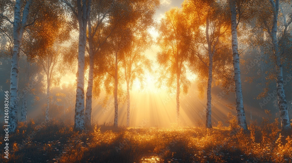 Fototapeta premium Golden Sunlight Illuminates Autumnal Birch Forest