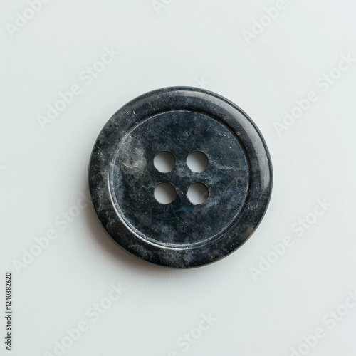 Black marble button with four holes on white.