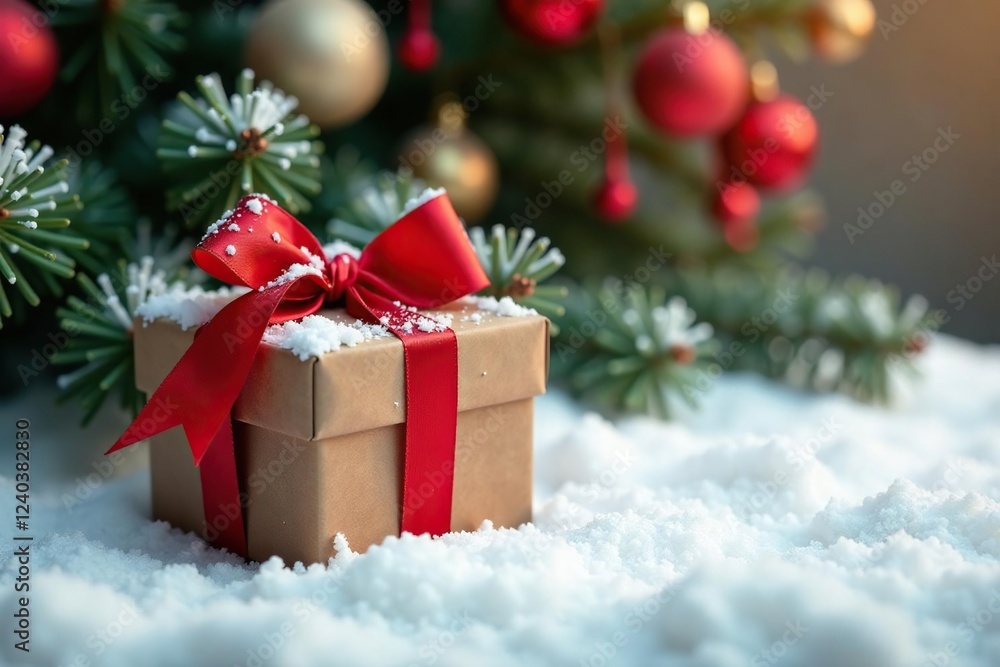 A small gift box with a red ribbon in the snow near a Christmas tree branch ornament, holiday decor, red ribbon, A small gift box with a red ribbon in the snow near a Christmas tree branch ornament, holiday decor, red ribbon,