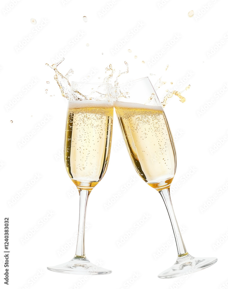 PNG Two champagne glasses clinking together at the center splash drink wine. PNG Two champagne glasses clinking together at the center splash drink wine.