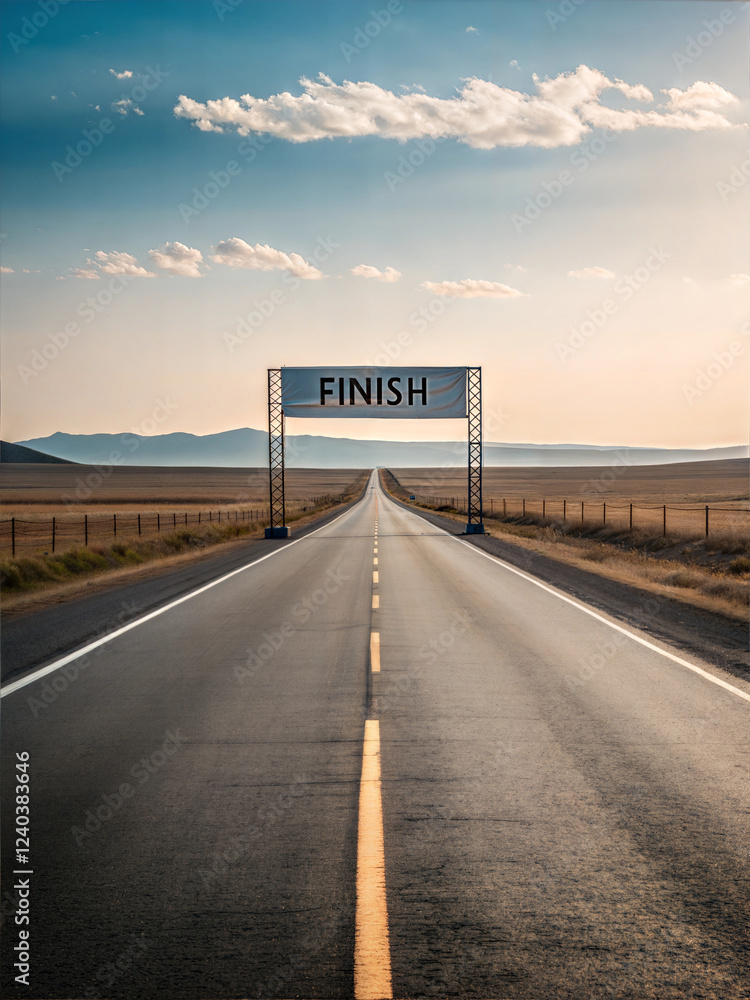 Fototapeta premium Straight Road Leading to the Finish Line Under a Clear Sky at Sunset in an Open Landscape