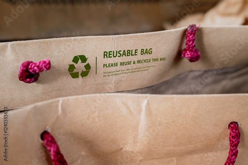 Brown paper bag with green recycling symbol eco-friendly and save the world concept photo