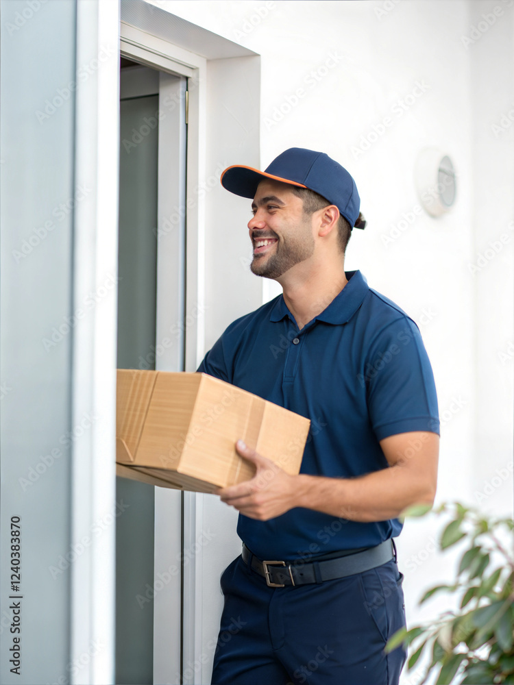 Friendly Delivery Man Presents a Package at a Residential Doorstep During Daytime Friendly Delivery Man Presents a Package at a Residential Doorstep During Daytime