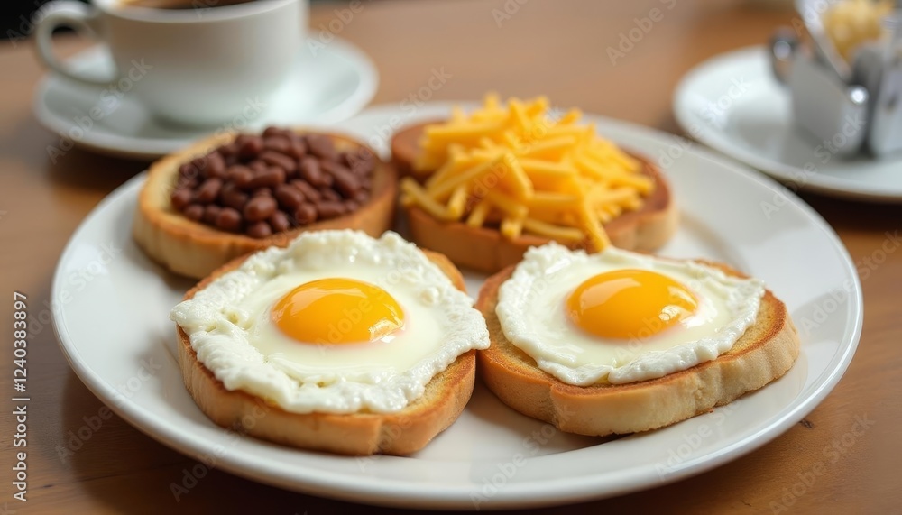 Breakfast Toast Assortment: Sunny Side Up Eggs, Beans, and Cheddar Cheese Breakfast Toast Assortment: Sunny Side Up Eggs, Beans, and Cheddar Cheese