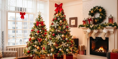 Red and white Christmas room with cozy fireplace, festive decorations and twinkling lights, traditional, tree, cozy photo