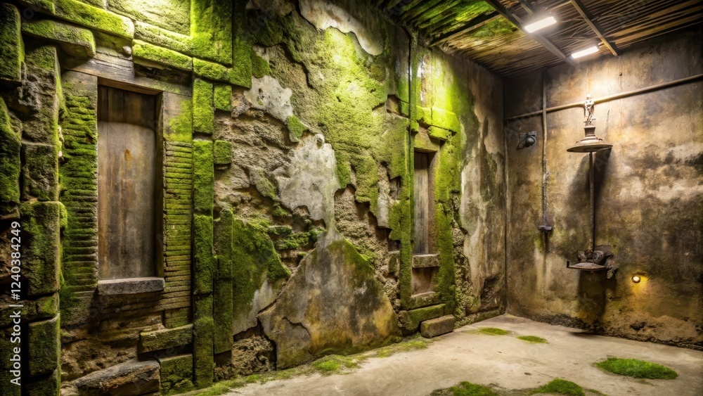 Obraz premium An Enigmatic, Moss-Covered Chamber with Aged Stone Walls, Recessed Doorways, and Antique Lighting Fixtures