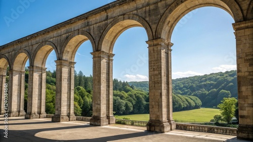 Long Colonnade of Stone Arches Overlooking Lush Valley Landscape