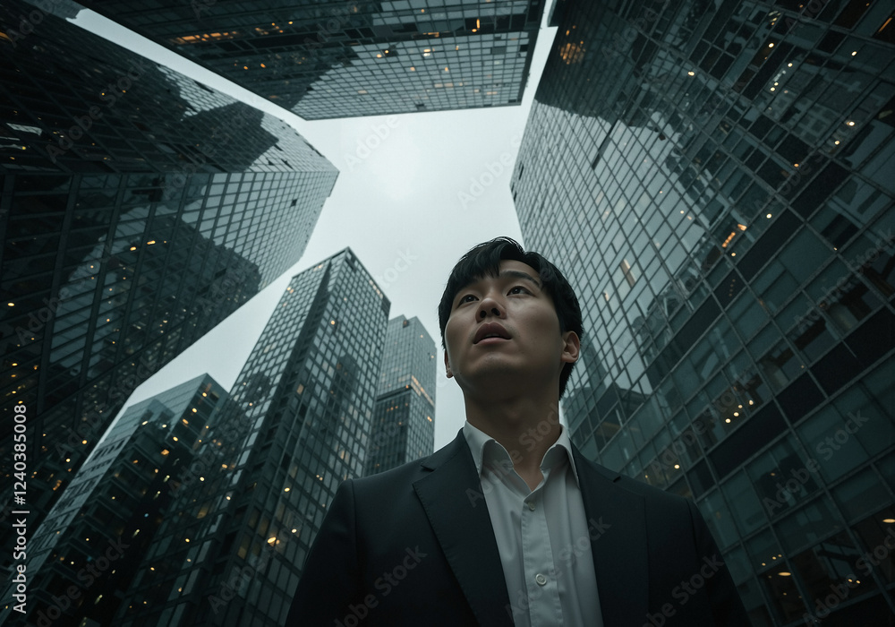 Business man standing seemingly lost and alone in the concrete jungle city center dwarfed by overwhelming tall office buildings encircling his stress and fears Business man standing seemingly lost and alone in the concrete jungle city center dwarfed by overwhelming tall office buildings encircling his stress and fears