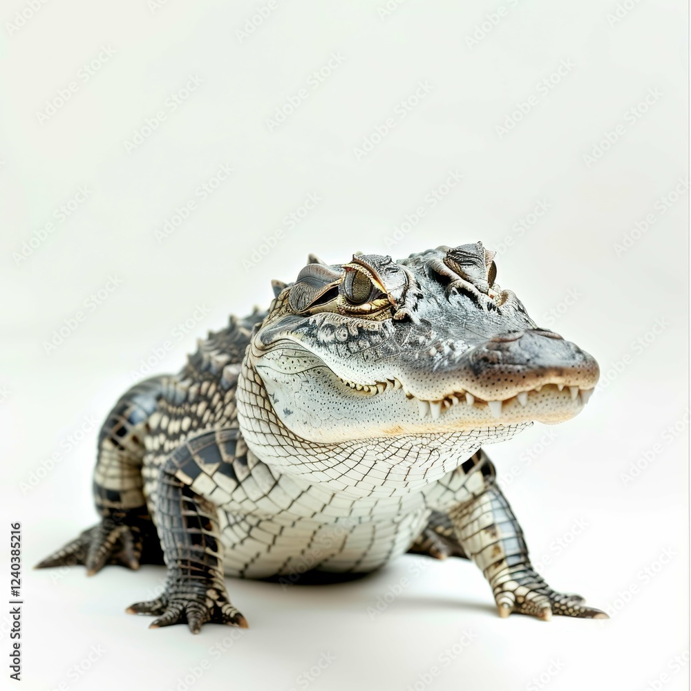 Close-up of a striking alligator on white. Close-up of a striking alligator on white.