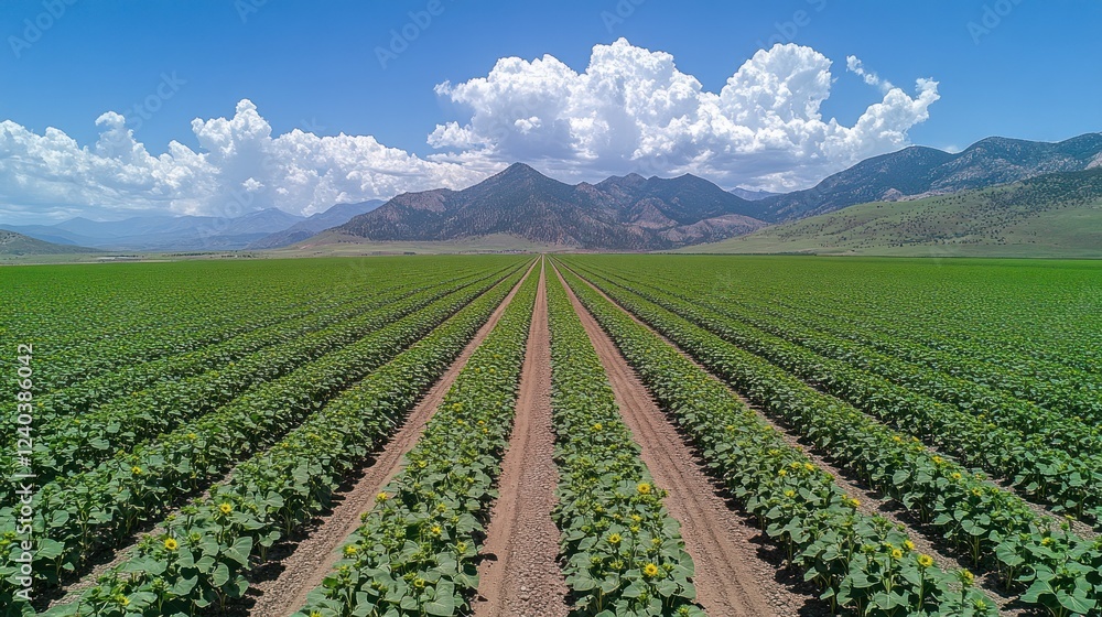 Sunflowers growing in rows a mountain backdrop Sunflowers growing in rows a mountain backdrop