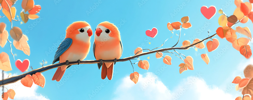 Two colorful birds sitting on a branch under a blue sky with heart-shaped clouds. Two colorful birds sitting on a branch under a blue sky with heart-shaped clouds.