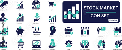 Stock market icon set stocks, stock exchange, financial goal, shares, investment, bull market, bear market You can easily change the color