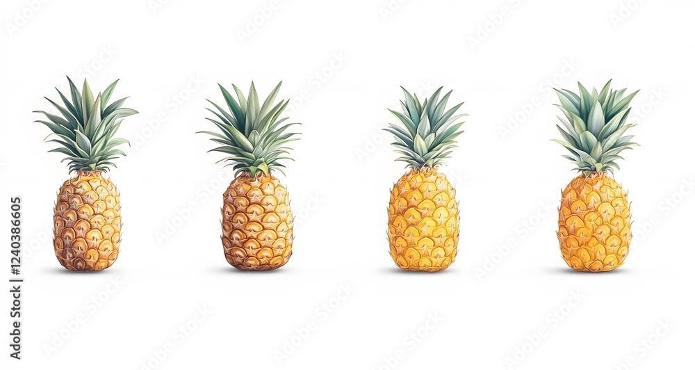 Four Ripe Pineapples Arranged in a Row Against White Background Four Ripe Pineapples Arranged in a Row Against White Background