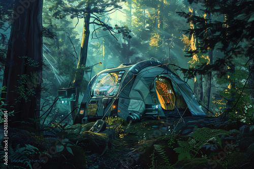 Paint a detailed oil painting depicting a futuristic tent embedded with high-tech gear at a wilderness campsite from an intriguing eye-level angle Capture the glow of holographic displays amidst lush photo