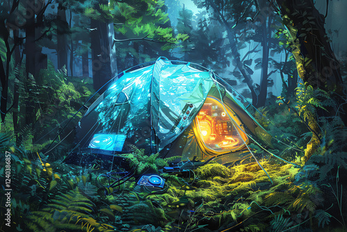 Paint a detailed oil painting depicting a futuristic tent embedded with high-tech gear at a wilderness campsite from an intriguing eye-level angle Capture the glow of holographic displays amidst lush photo