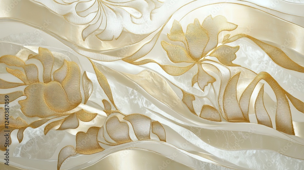 Elegant Golden Floral Patterns on Soft Pearlescent Waves. Luxurious and Ethereal Design with Delicate Artistry and Radiant Aesthetics. Elegant Golden Floral Patterns on Soft Pearlescent Waves. Luxurious and Ethereal Design with Delicate Artistry and Radiant Aesthetics.