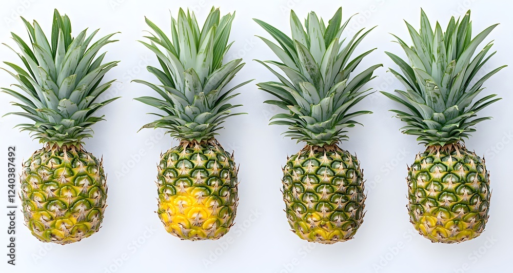 Four ripe pineapples arranged in a neat row Four ripe pineapples arranged in a neat row