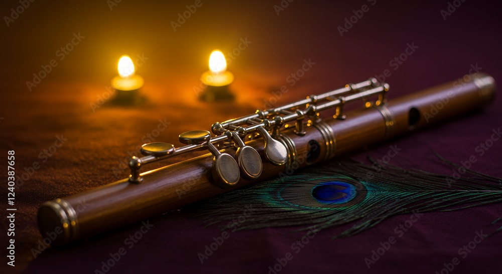 Naklejka premium Flute and Peacock Feather, Artistic Still Life